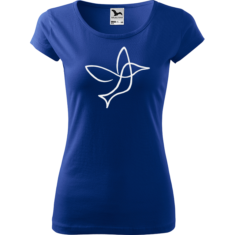 Ručně malované dámské bavlněné tričko - Jednotahový kolibřík Barva trička: MODRÁ, Velikost trička: M, Barva motivu: BÍLÁ