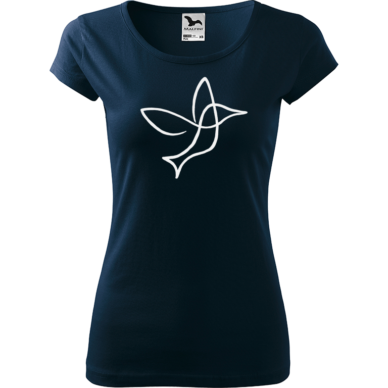 Ručně malované dámské bavlněné tričko - Jednotahový kolibřík Barva trička: NÁMOŘNICKÁ MODRÁ, Velikost trička: M, Barva motivu: BÍLÁ