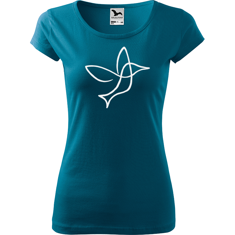 Ručně malované dámské bavlněné tričko - Jednotahový kolibřík Barva trička: PETROLEJOVÁ, Velikost trička: S, Barva motivu: BÍLÁ