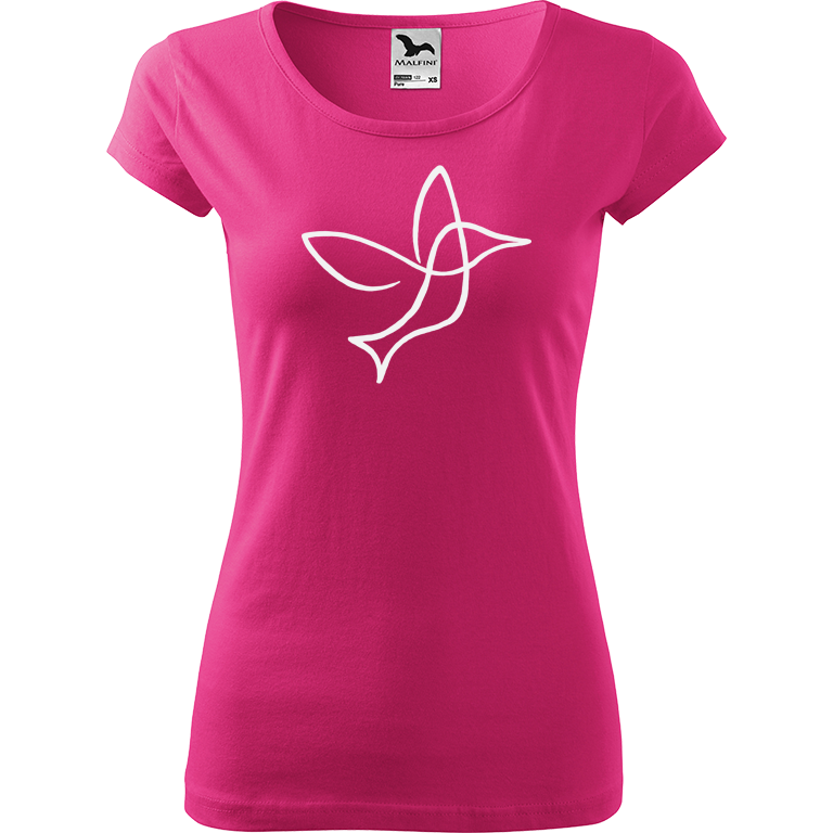 Ručně malované dámské bavlněné tričko - Jednotahový kolibřík Barva trička: RŮŽOVÁ, Velikost trička: M, Barva motivu: BÍLÁ