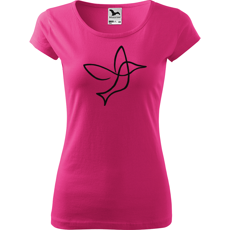 Ručně malované dámské bavlněné tričko - Jednotahový kolibřík Barva trička: RŮŽOVÁ, Velikost trička: S, Barva motivu: ČERNÁ