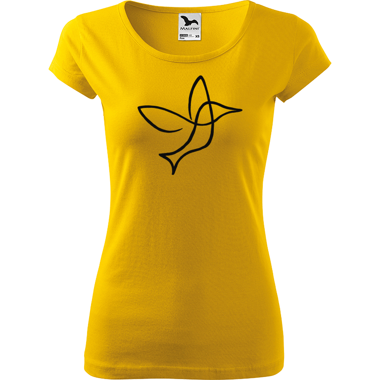 Ručně malované dámské bavlněné tričko - Jednotahový kolibřík Barva trička: ŽLUTÁ, Velikost trička: M, Barva motivu: ČERNÁ