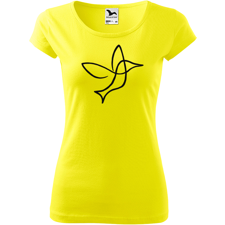 Ručně malované dámské bavlněné tričko - Jednotahový kolibřík Barva trička: CITRONOVÁ, Velikost trička: XS, Barva motivu: ČERNÁ