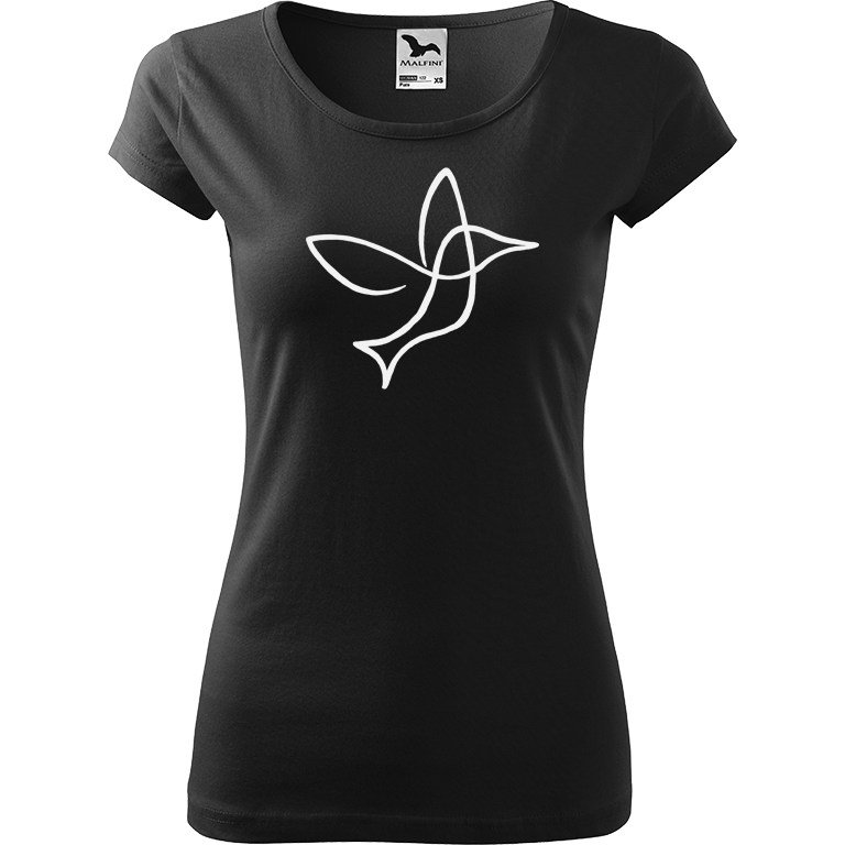 Ručně malované dámské bavlněné tričko - Jednotahový kolibřík Barva trička: ČERNÁ, Velikost trička: S, Barva motivu: BÍLÁ