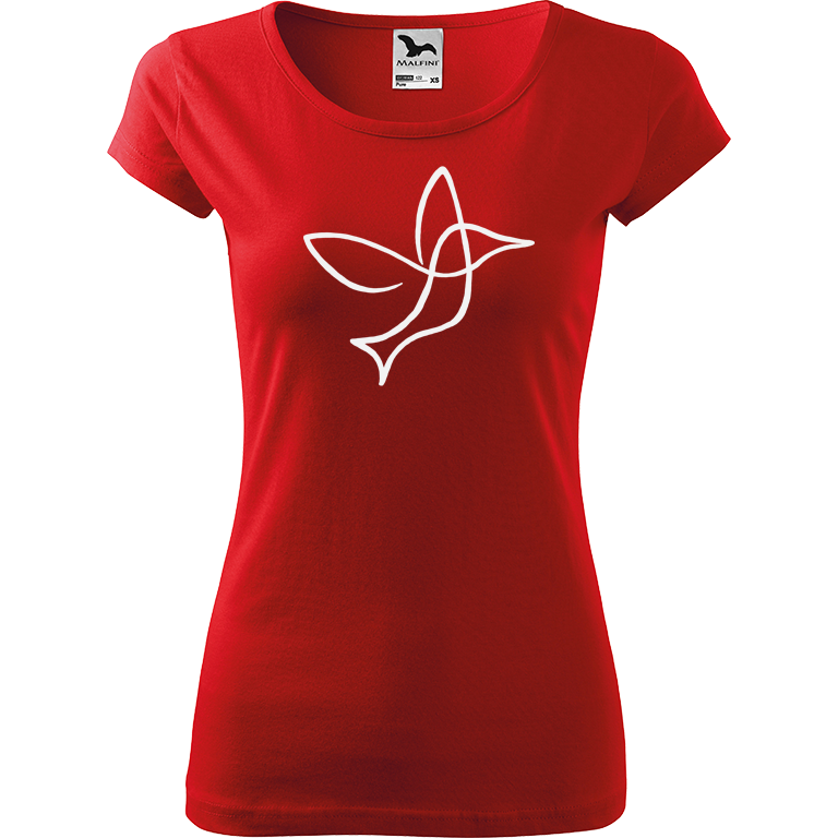 Ručně malované dámské bavlněné tričko - Jednotahový kolibřík Barva trička: ČERVENÁ, Velikost trička: S, Barva motivu: BÍLÁ