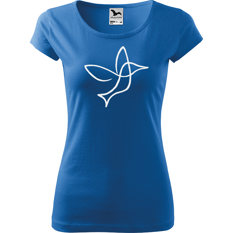 Ručně malované dámské bavlněné tričko - Jednotahový kolibřík Barva trička: AZUROVÁ, Velikost trička: S, Barva motivu: BÍLÁ