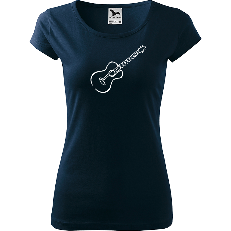 Ručně malované dámské bavlněné tričko - Jednotahová kytara akustická Barva trička: NÁMOŘNICKÁ MODRÁ, Velikost trička: S, Barva motivu: BÍLÁ