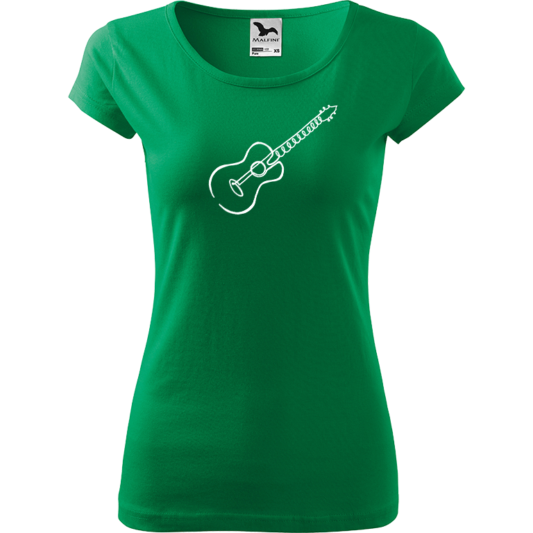 Ručně malované dámské bavlněné tričko - Jednotahová kytara akustická Barva trička: STŘEDNĚ ZELENÁ, Velikost trička: M, Barva motivu: BÍLÁ