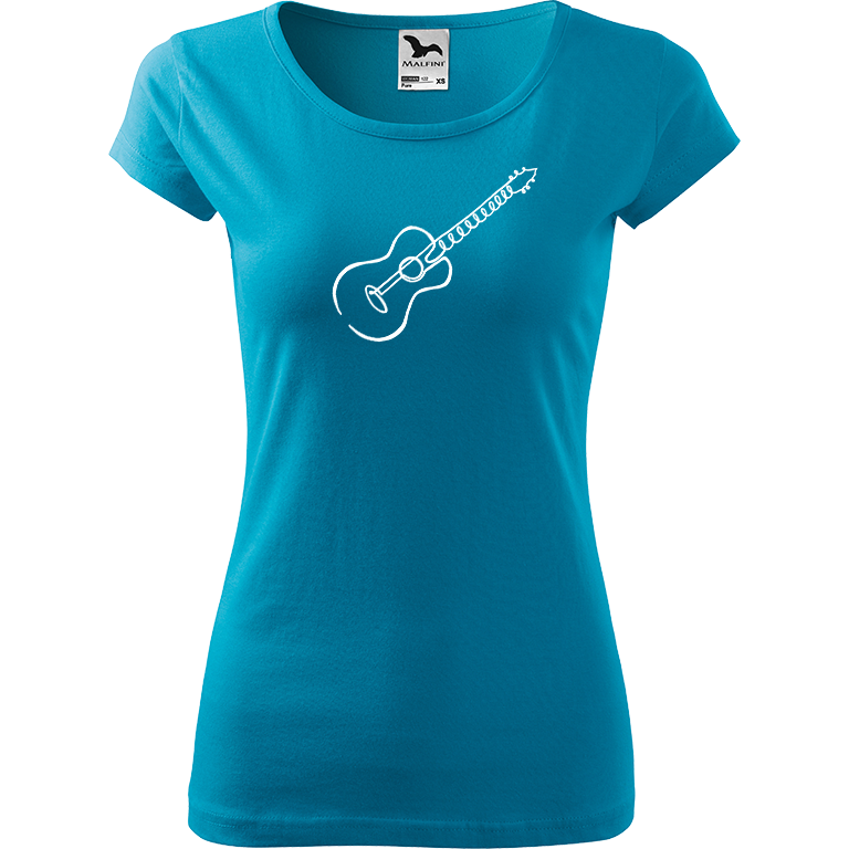 Ručně malované dámské bavlněné tričko - Jednotahová kytara akustická Barva trička: TYRKYSOVÁ, Velikost trička: M, Barva motivu: BÍLÁ
