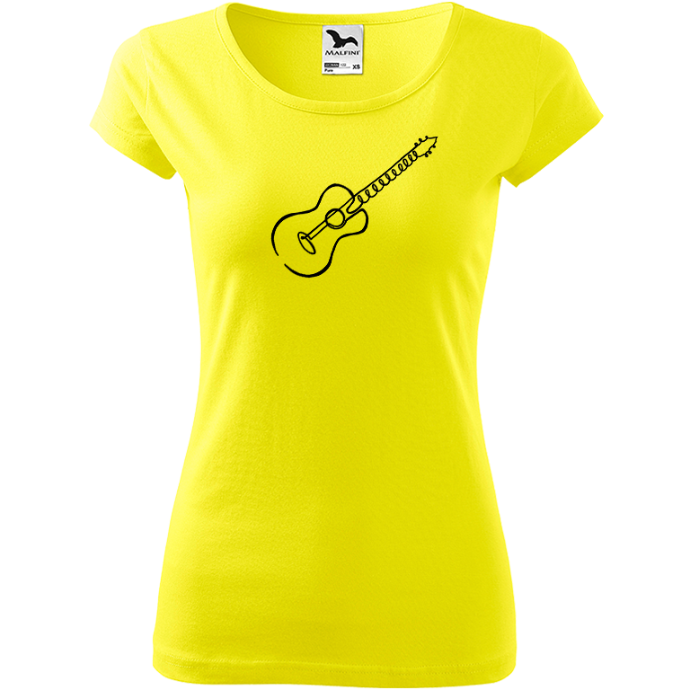 Ručně malované dámské bavlněné tričko - Jednotahová kytara akustická Barva trička: CITRONOVÁ, Velikost trička: XS, Barva motivu: ČERNÁ