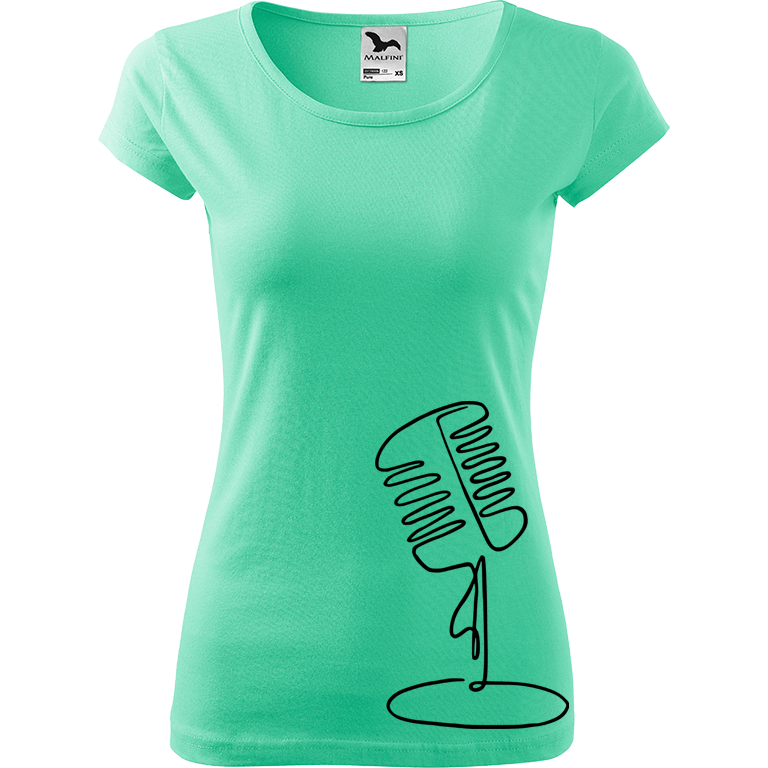 Ručně malované dámské bavlněné tričko - Jednotahový mikrofon Barva trička: MÁTOVÁ, Velikost trička: L, Barva motivu: ČERNÁ