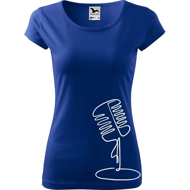 Ručně malované dámské bavlněné tričko - Jednotahový mikrofon Barva trička: MODRÁ, Velikost trička: XS, Barva motivu: BÍLÁ