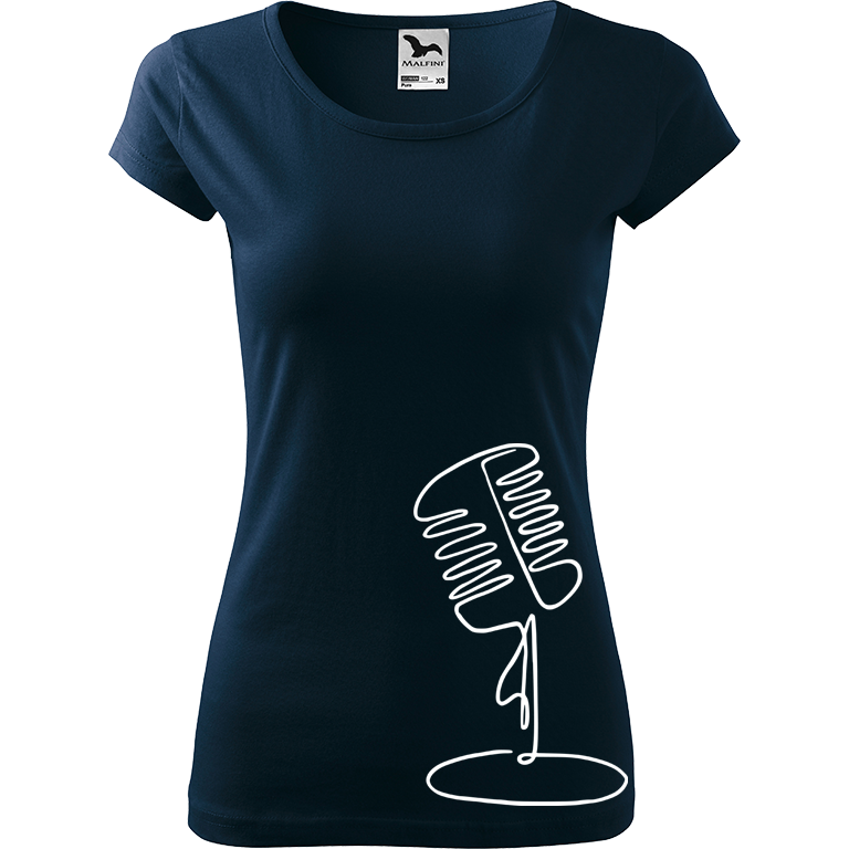 Ručně malované dámské bavlněné tričko - Jednotahový mikrofon Barva trička: NÁMOŘNICKÁ MODRÁ, Velikost trička: M, Barva motivu: BÍLÁ