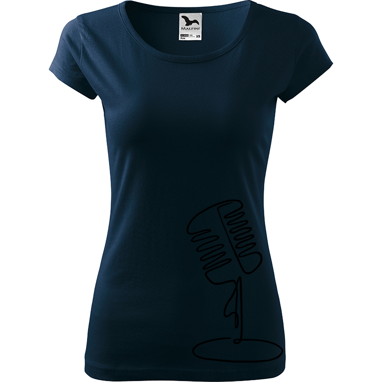 Ručně malované dámské bavlněné tričko - Jednotahový mikrofon Barva trička: NÁMOŘNICKÁ MODRÁ, Velikost trička: XS, Barva motivu: ČERNÁ