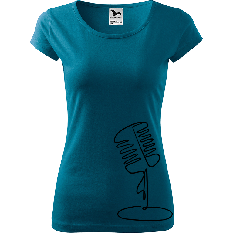 Ručně malované dámské bavlněné tričko - Jednotahový mikrofon Barva trička: PETROLEJOVÁ, Velikost trička: XXL, Barva motivu: ČERNÁ