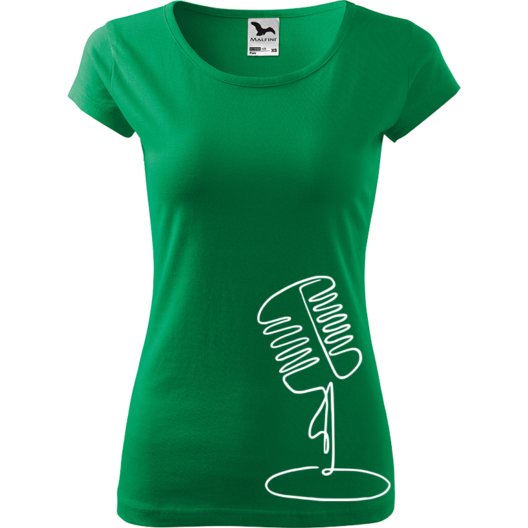 Ručně malované dámské bavlněné tričko - Jednotahový mikrofon Barva trička: STŘEDNĚ ZELENÁ, Velikost trička: XS, Barva motivu: BÍLÁ