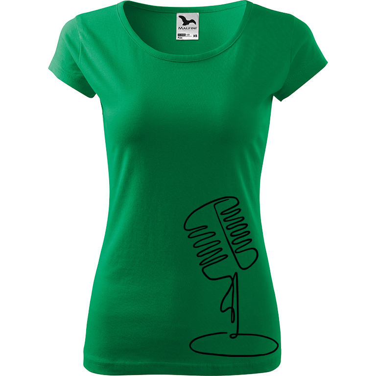 Ručně malované dámské bavlněné tričko - Jednotahový mikrofon Barva trička: STŘEDNĚ ZELENÁ, Velikost trička: XL, Barva motivu: ČERNÁ