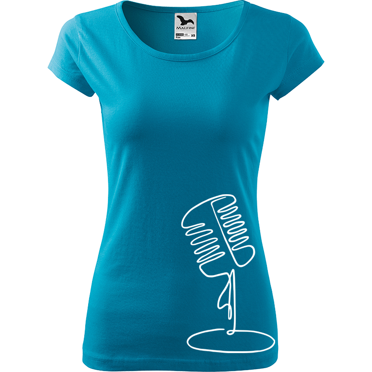 Ručně malované dámské bavlněné tričko - Jednotahový mikrofon Barva trička: TYRKYSOVÁ, Velikost trička: XXL, Barva motivu: BÍLÁ