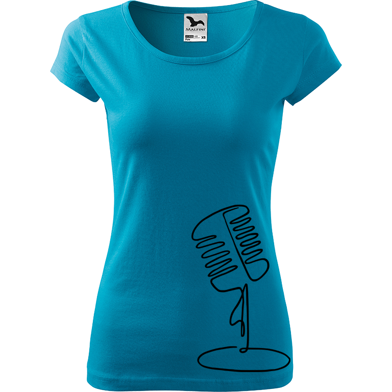 Ručně malované dámské bavlněné tričko - Jednotahový mikrofon Barva trička: TYRKYSOVÁ, Velikost trička: L, Barva motivu: ČERNÁ