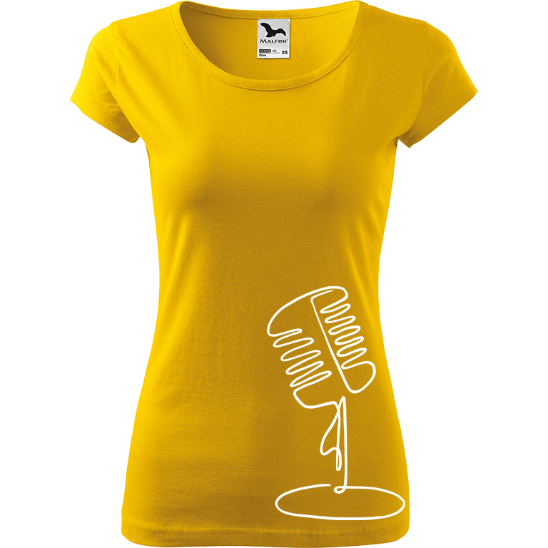 Ručně malované dámské bavlněné tričko - Jednotahový mikrofon Barva trička: ŽLUTÁ, Velikost trička: XS, Barva motivu: BÍLÁ