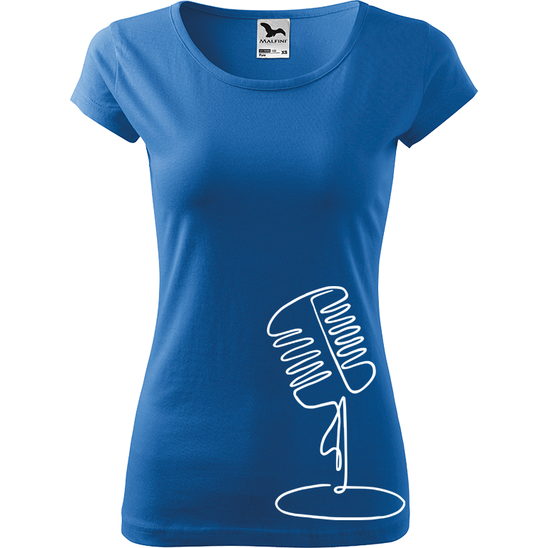 Ručně malované dámské bavlněné tričko - Jednotahový mikrofon Barva trička: AZUROVÁ, Velikost trička: M, Barva motivu: BÍLÁ