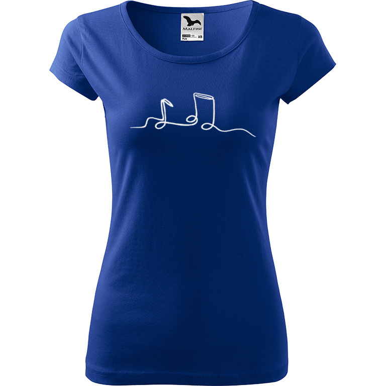 Ručně malované dámské bavlněné tričko - Jednotahové noty Barva trička: MODRÁ, Velikost trička: M, Barva motivu: BÍLÁ