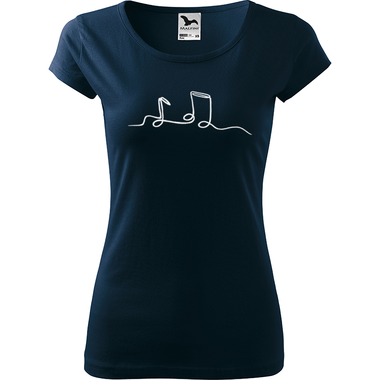 Ručně malované dámské bavlněné tričko - Jednotahové noty Barva trička: NÁMOŘNICKÁ MODRÁ, Velikost trička: M, Barva motivu: BÍLÁ