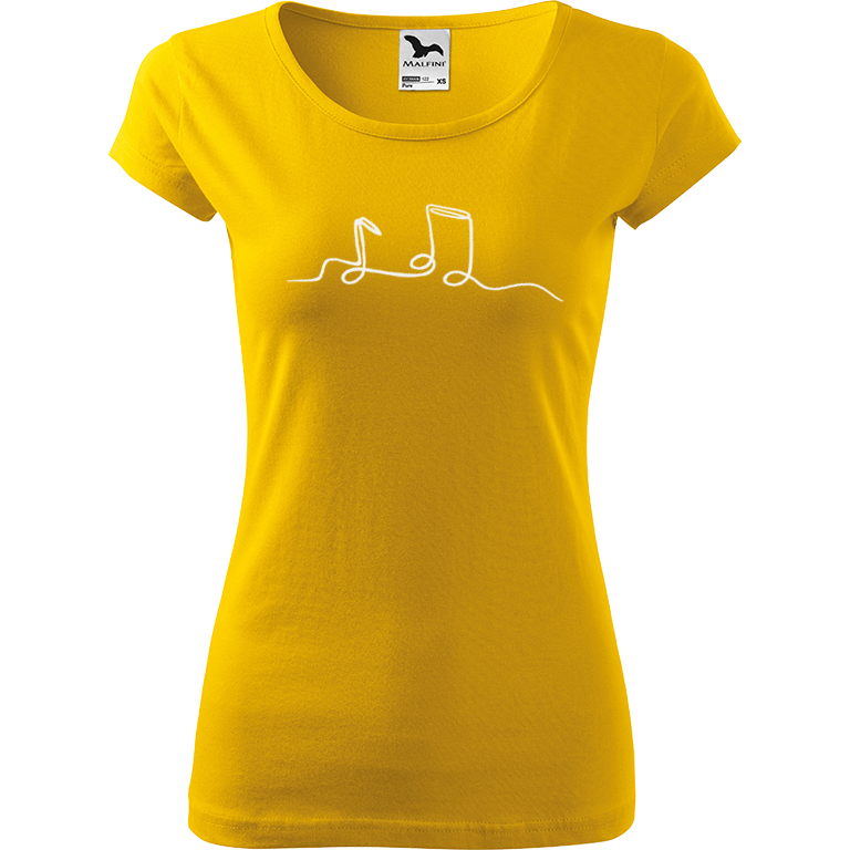 Ručně malované dámské bavlněné tričko - Jednotahové noty Barva trička: ŽLUTÁ, Velikost trička: S, Barva motivu: BÍLÁ