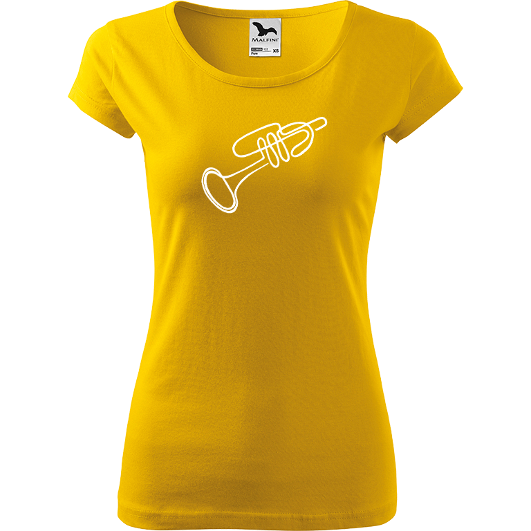 Ručně malované dámské bavlněné tričko - Jednotahová trumpeta - 2 Barva trička: ŽLUTÁ, Velikost trička: XS, Barva motivu: BÍLÁ