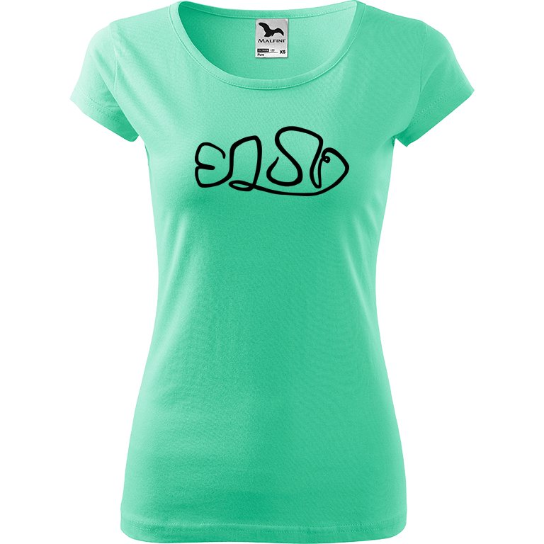 Ručně malované dámské bavlněné tričko - Jednotahová rybka klaun Barva trička: MÁTOVÁ, Velikost trička: XL, Barva motivu: ČERNÁ