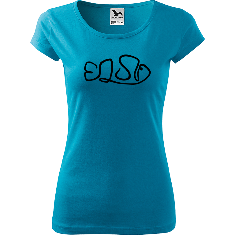 Ručně malované dámské bavlněné tričko - Jednotahová rybka klaun Barva trička: TYRKYSOVÁ, Velikost trička: S, Barva motivu: ČERNÁ