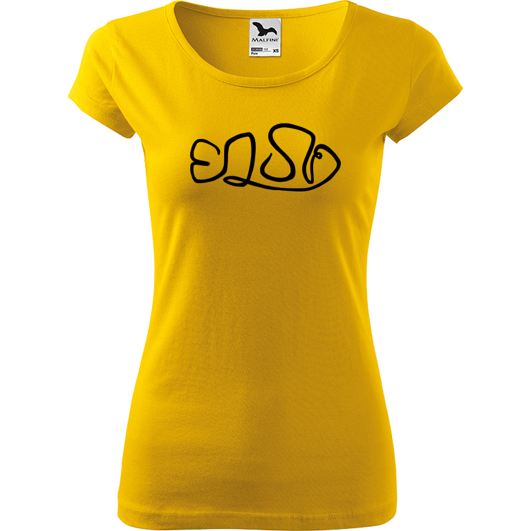 Ručně malované dámské bavlněné tričko - Jednotahová rybka klaun Barva trička: ŽLUTÁ, Velikost trička: XS, Barva motivu: ČERNÁ