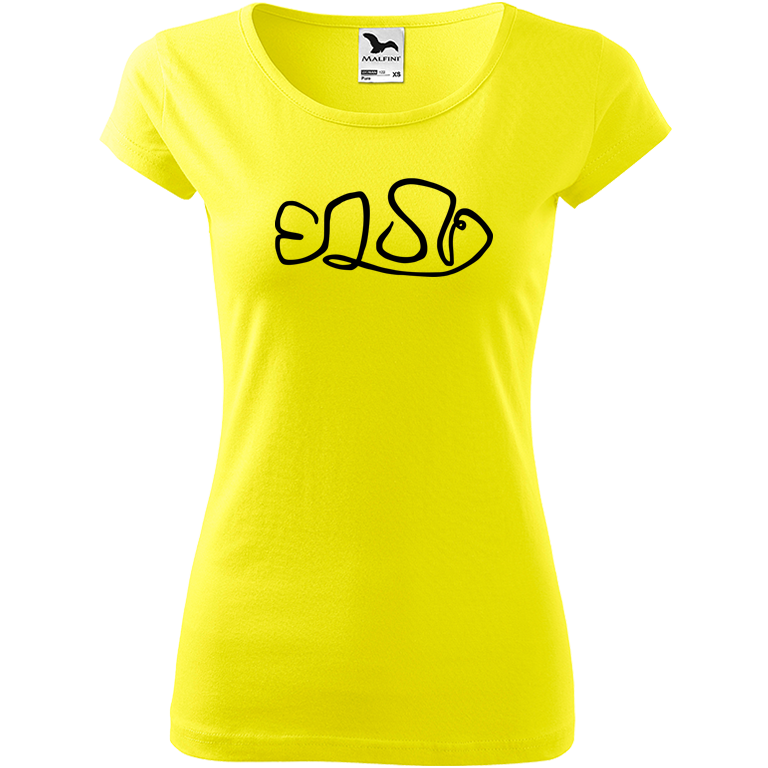 Ručně malované dámské bavlněné tričko - Jednotahová rybka klaun Barva trička: CITRONOVÁ, Velikost trička: M, Barva motivu: ČERNÁ