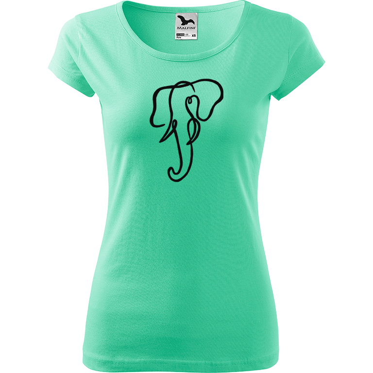 Ručně malované dámské bavlněné tričko - Jednotahový slon Barva trička: MÁTOVÁ, Velikost trička: XL, Barva motivu: ČERNÁ