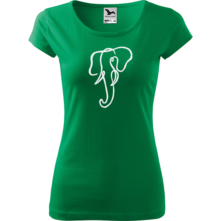 Ručně malované dámské bavlněné tričko - Jednotahový slon Barva trička: STŘEDNĚ ZELENÁ, Velikost trička: XS, Barva motivu: BÍLÁ