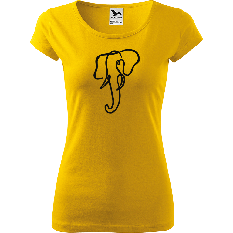 Ručně malované dámské bavlněné tričko - Jednotahový slon Barva trička: ŽLUTÁ, Velikost trička: S, Barva motivu: ČERNÁ