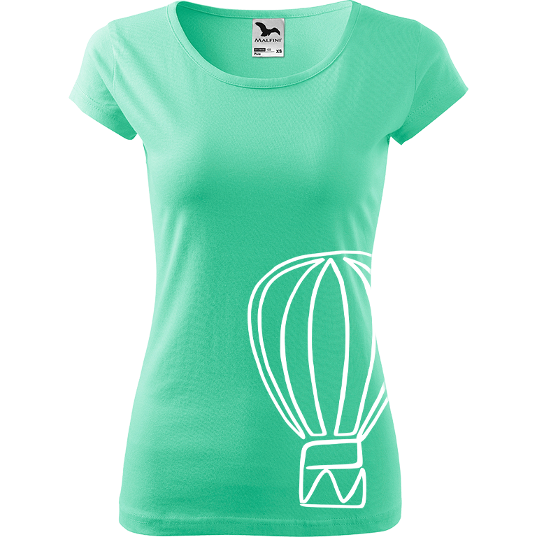 Ručně malované dámské bavlněné tričko - Jednotahový horkovzdušný balón Barva trička: MÁTOVÁ, Velikost trička: S, Barva motivu: BÍLÁ