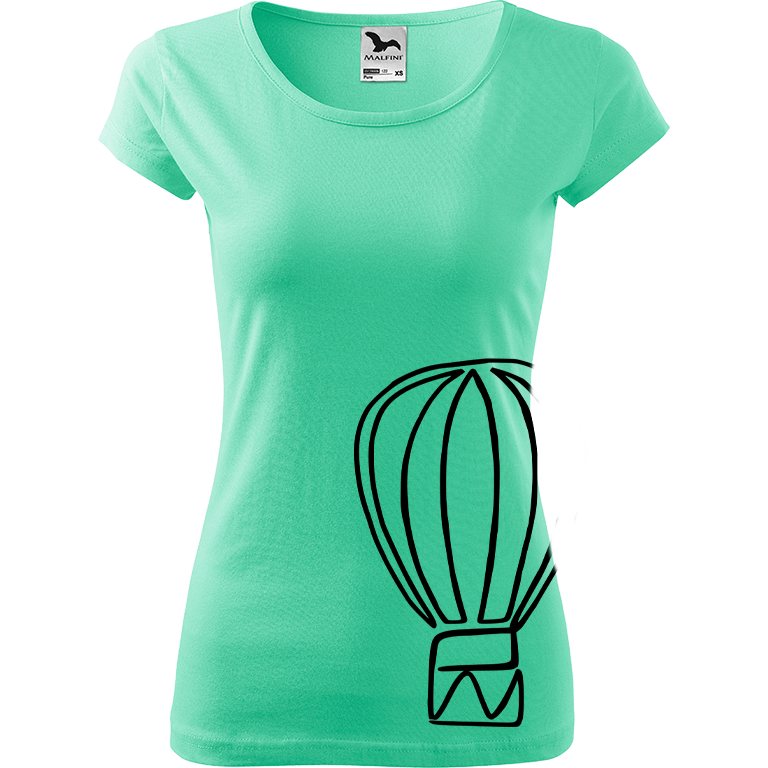 Ručně malované dámské bavlněné tričko - Jednotahový horkovzdušný balón Barva trička: MÁTOVÁ, Velikost trička: XL, Barva motivu: ČERNÁ