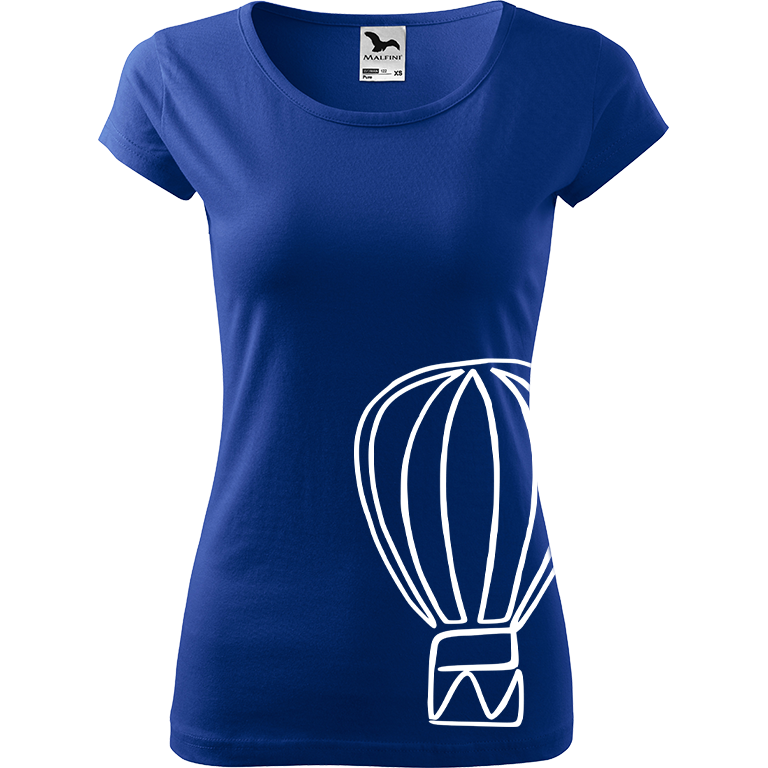 Ručně malované dámské bavlněné tričko - Jednotahový horkovzdušný balón Barva trička: MODRÁ, Velikost trička: M, Barva motivu: BÍLÁ