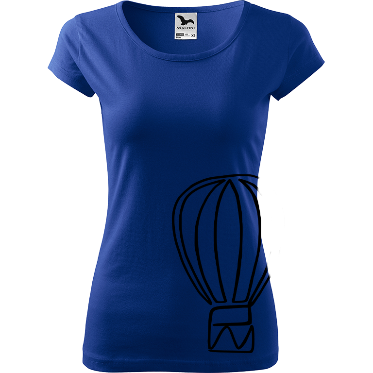 Ručně malované dámské bavlněné tričko - Jednotahový horkovzdušný balón Barva trička: MODRÁ, Velikost trička: S, Barva motivu: ČERNÁ