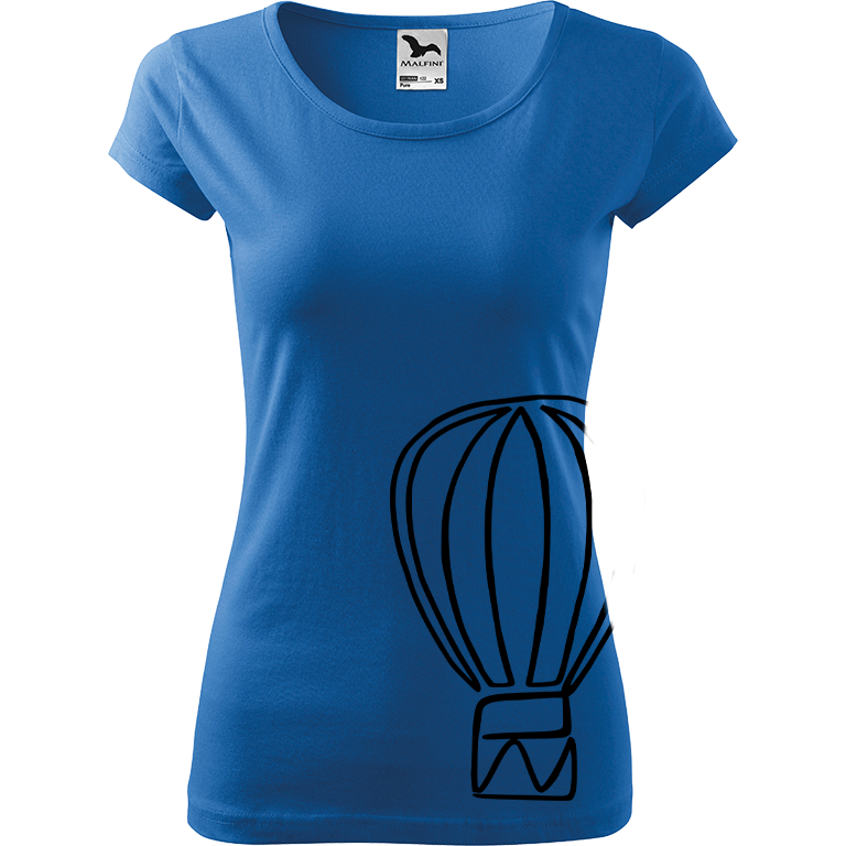 Ručně malované dámské bavlněné tričko - Jednotahový horkovzdušný balón Barva trička: AZUROVÁ, Velikost trička: XS, Barva motivu: ČERNÁ
