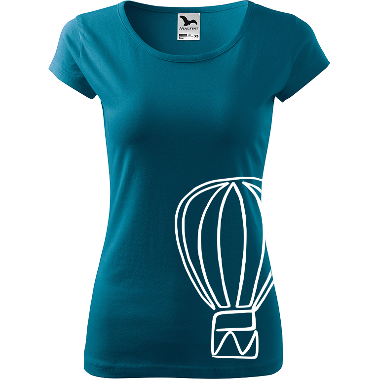 Ručně malované dámské bavlněné tričko - Jednotahový horkovzdušný balón Barva trička: PETROLEJOVÁ, Velikost trička: XL, Barva motivu: BÍLÁ