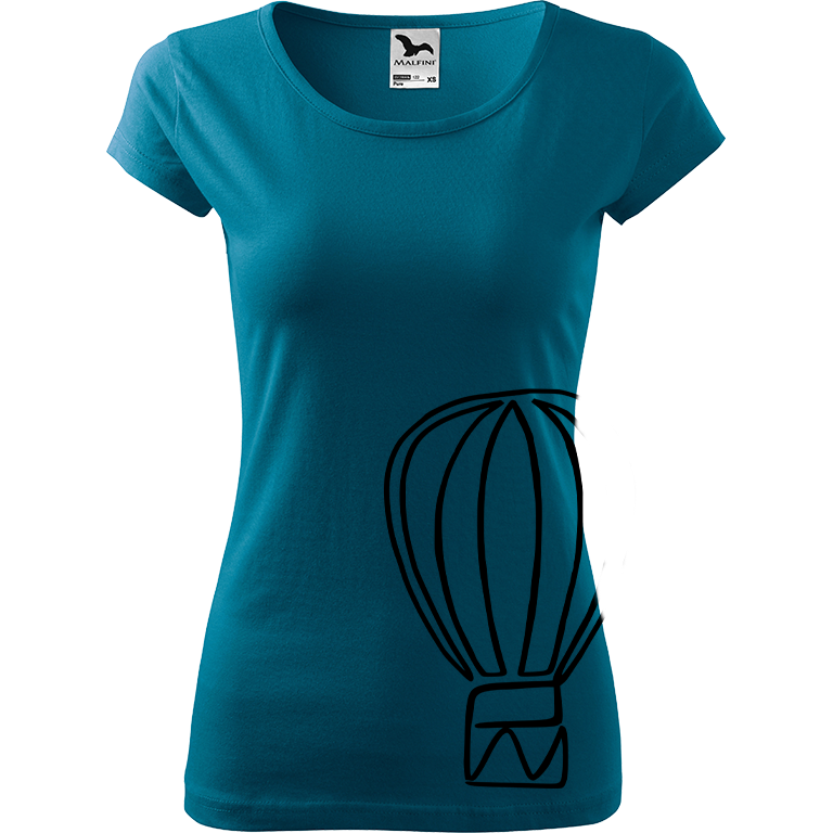Ručně malované dámské bavlněné tričko - Jednotahový horkovzdušný balón Barva trička: PETROLEJOVÁ, Velikost trička: XS, Barva motivu: ČERNÁ
