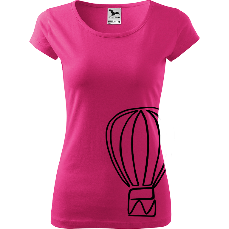 Ručně malované dámské bavlněné tričko - Jednotahový horkovzdušný balón Barva trička: RŮŽOVÁ, Velikost trička: XS, Barva motivu: ČERNÁ