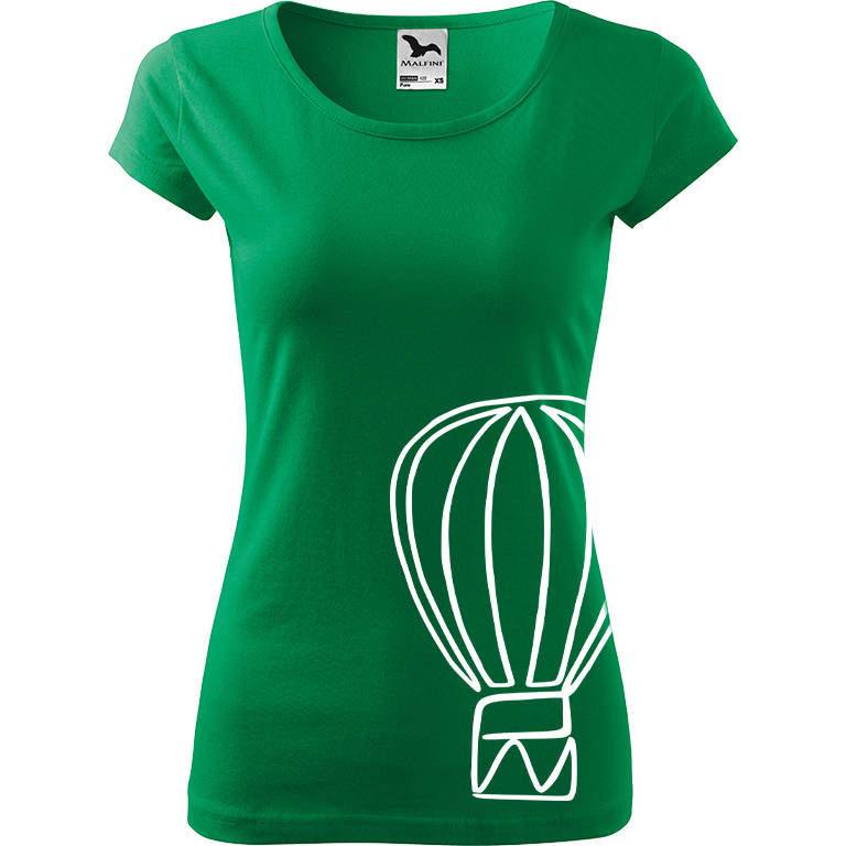 Ručně malované dámské bavlněné tričko - Jednotahový horkovzdušný balón Barva trička: STŘEDNĚ ZELENÁ, Velikost trička: S, Barva motivu: BÍLÁ