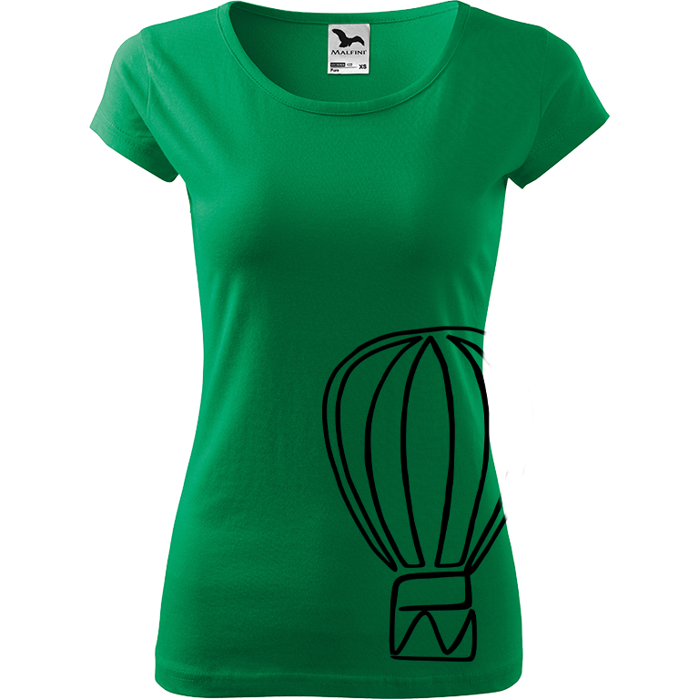 Ručně malované dámské bavlněné tričko - Jednotahový horkovzdušný balón Barva trička: STŘEDNĚ ZELENÁ, Velikost trička: XS, Barva motivu: ČERNÁ