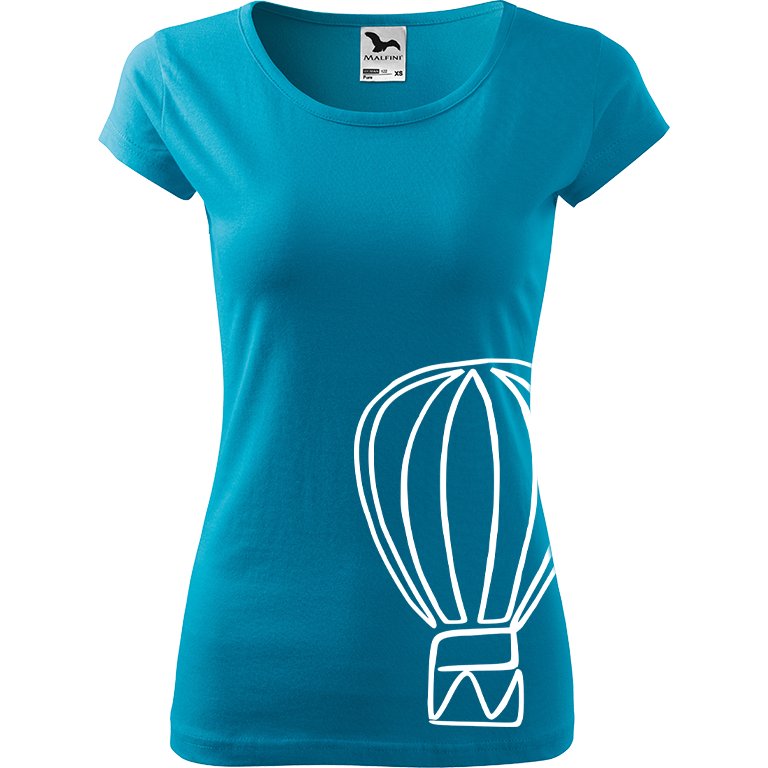 Ručně malované dámské bavlněné tričko - Jednotahový horkovzdušný balón Barva trička: TYRKYSOVÁ, Velikost trička: XL, Barva motivu: BÍLÁ