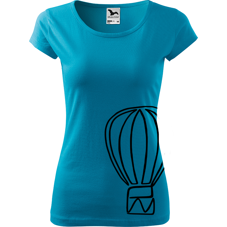 Ručně malované dámské bavlněné tričko - Jednotahový horkovzdušný balón Barva trička: TYRKYSOVÁ, Velikost trička: XL, Barva motivu: ČERNÁ