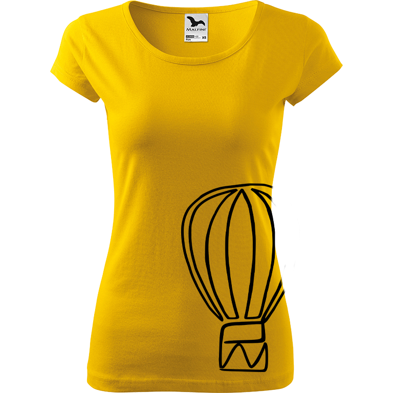 Ručně malované dámské bavlněné tričko - Jednotahový horkovzdušný balón Barva trička: ŽLUTÁ, Velikost trička: XL, Barva motivu: ČERNÁ