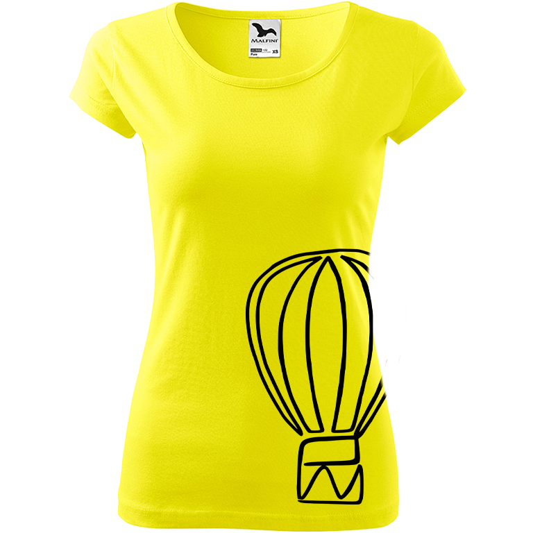 Ručně malované dámské bavlněné tričko - Jednotahový horkovzdušný balón Barva trička: CITRONOVÁ, Velikost trička: XS, Barva motivu: ČERNÁ